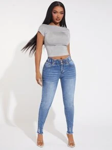 SHEIN SXY 紙袋腰破洞毛邊緊身牛仔褲 - 淺色水洗藍 - 查看 4