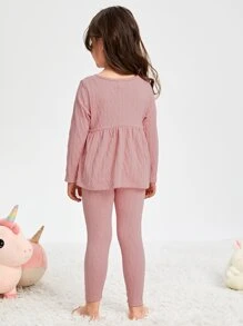 女孩前蝴蝶結荷葉邊下擺睡衣套裝 - 粉色 - 查看 2