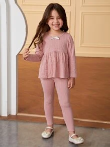 女孩前蝴蝶結荷葉邊下擺睡衣套裝 - 粉色 - 查看 4