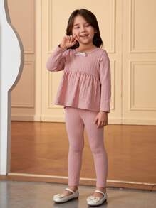 女孩前蝴蝶結荷葉邊下擺睡衣套裝 - 粉色 - 查看 5