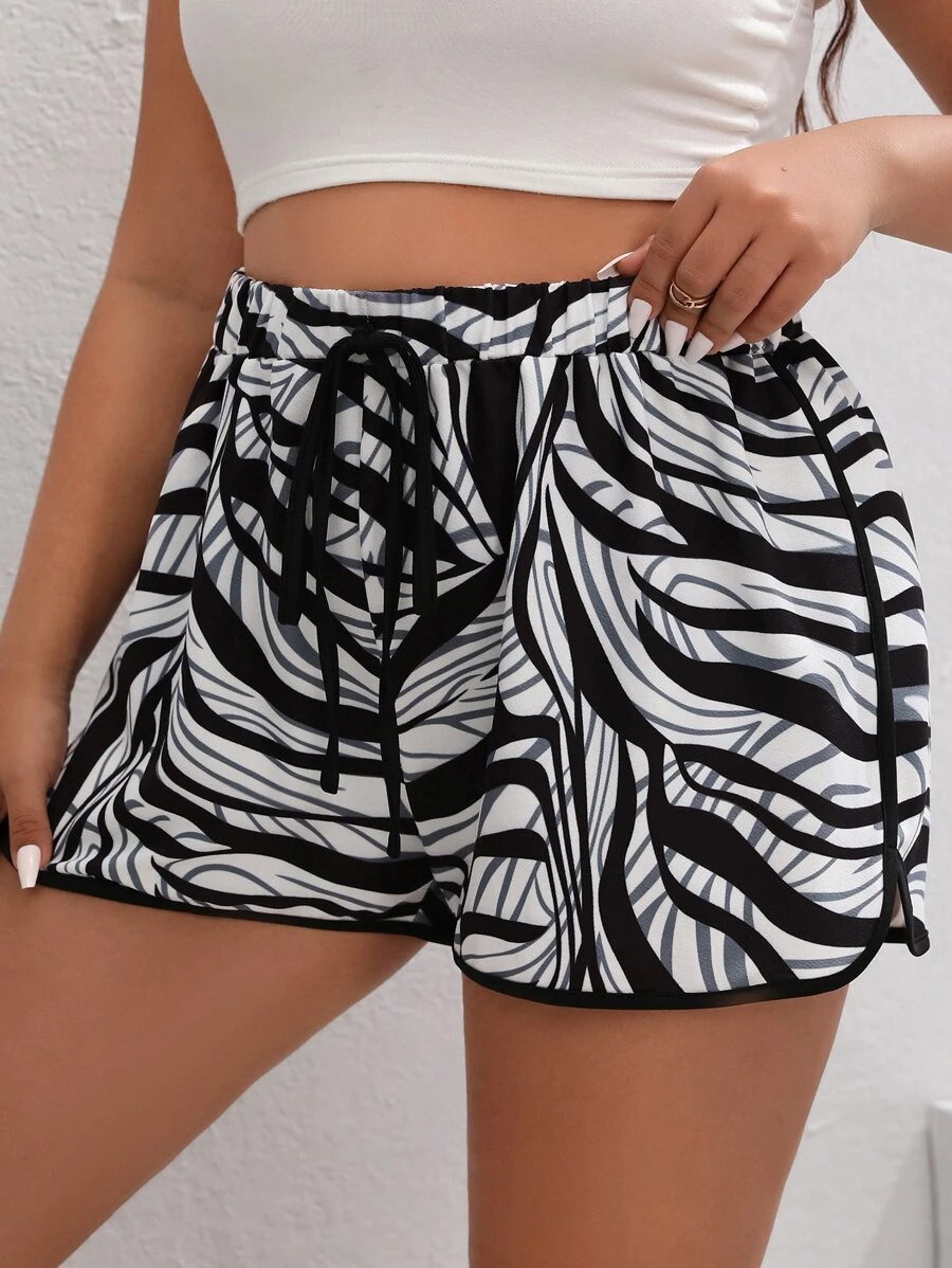 SHEIN VCAY Shorts de rayas de cebra con cordón delantero - Blanco y Negro - Ver 1