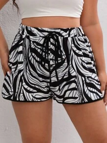 SHEIN VCAY Shorts de rayas de cebra con cordón delantero - Blanco y Negro - Ver 4