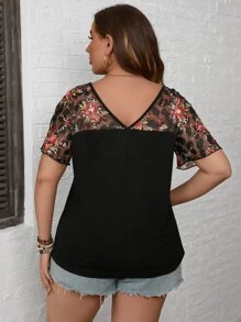 SHEIN LUNE Plus Floral Print Contrast Lace Raglan Sleeve Top - Multicolor - View 2