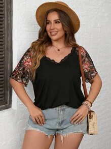 SHEIN LUNE Plus Floral Print Contrast Lace Raglan Sleeve Top - Multicolor - View 4