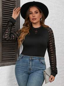 SHEIN Clasi Body con encaje en contraste de manga raglán - Negro - Ver 1