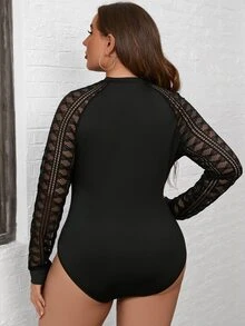 SHEIN Clasi Body con encaje en contraste de manga raglán - Negro - Ver 2