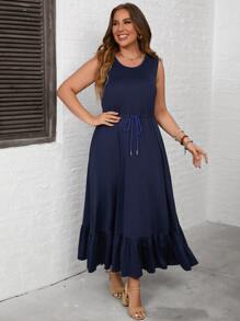 SHEIN LUNE Plus Ruffle Hem Drawstring Waist Dress - Navy Blue - View 4