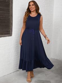 SHEIN LUNE Plus Ruffle Hem Drawstring Waist Dress - Navy Blue - View 5