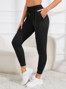 Easithlete 腰部抽繩斜口袋運動褲 - 黑色 - 查看 1