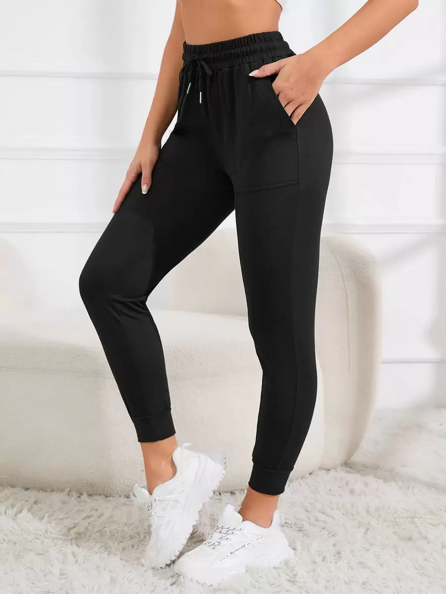 Easithlete 腰部抽繩斜口袋運動褲 - 黑色 - 查看 1