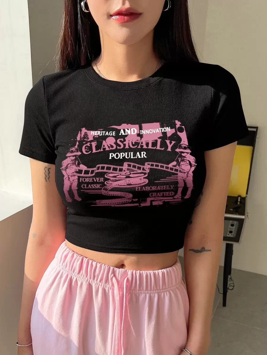 DAZY Figure & Letter Graphic Crop Tee - Black - View 1