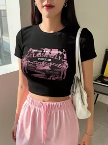 DAZY 人物和字母圖案短款T恤 - 黑色 - 查看 4