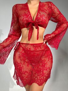 Classic Sexy Women's Sexy Lace Lingerie Set - Burgundy - View 4