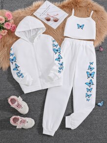 SHEIN Top De Cami Con Estampado De Mariposa Y Pantalones De Sudadera Y Sudadera Con Capucha Para Niña Preadolescente - Blanco - Ver 1