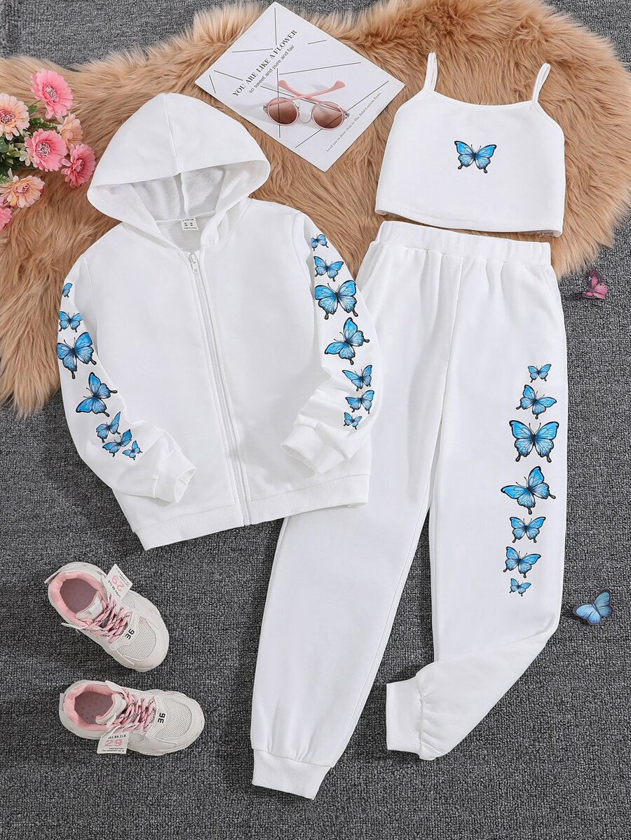 SHEIN Top De Cami Con Estampado De Mariposa Y Pantalones De Sudadera Y Sudadera Con Capucha Para Niña Preadolescente - Blanco - Ver 1