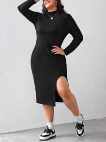 SHEIN Unity Plus Mock Neck Split Thigh Dress - Black - View 1