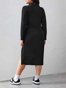 SHEIN Unity Plus Mock Neck Split Thigh Dress - Black - View 2