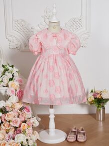 小女童提花彼得潘領泡泡袖連衣裙