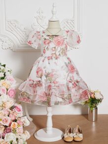 Toddler Girls Floral Print Puff Sleeve Ruffle Hem Dress - Multicolor - View 1