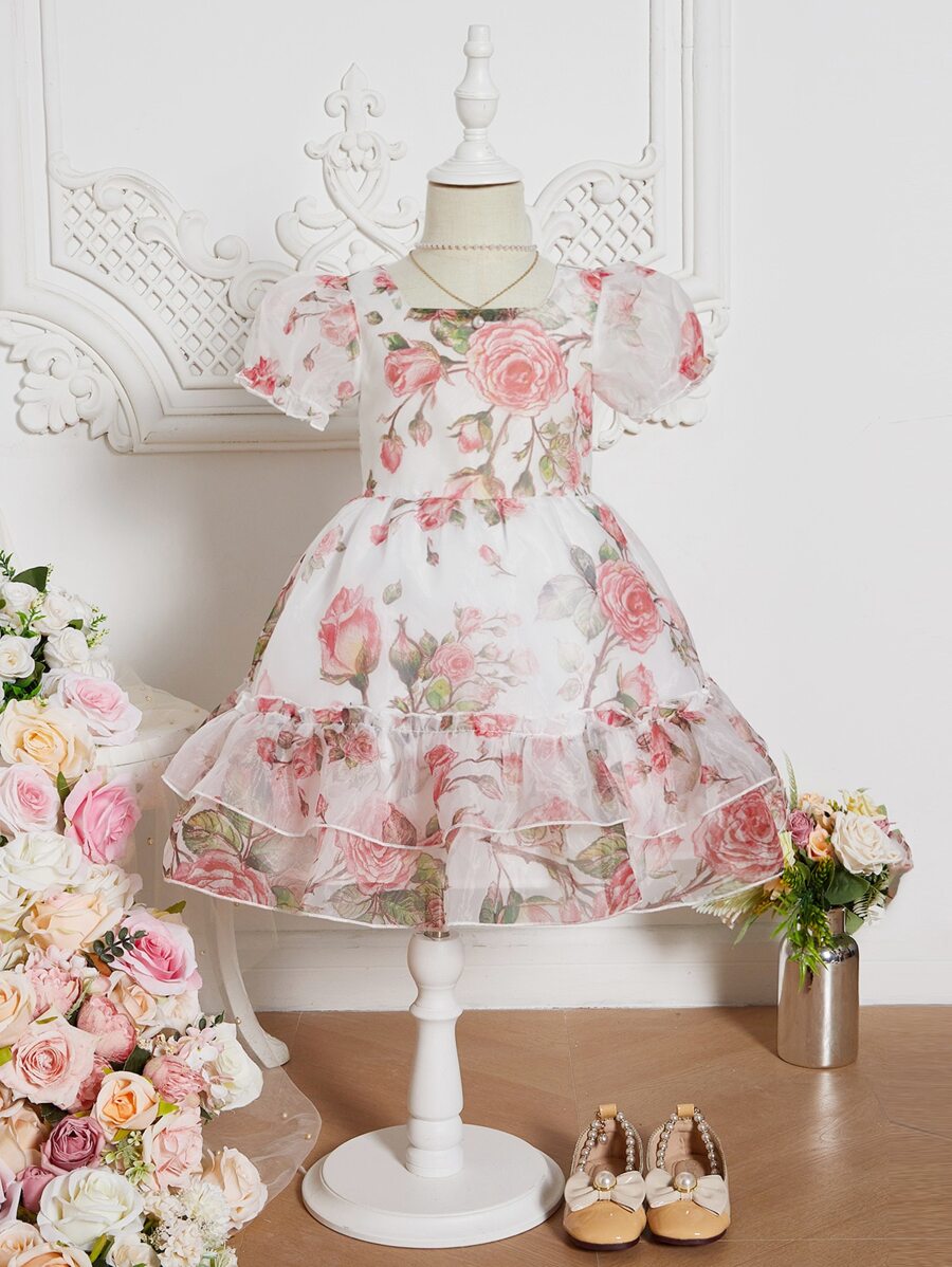 Toddler Girls Floral Print Puff Sleeve Ruffle Hem Dress - Multicolor - View 1