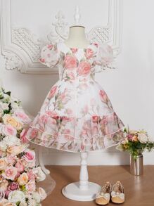 Toddler Girls Floral Print Puff Sleeve Ruffle Hem Dress - Multicolor - View 2