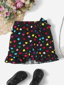 SHEIN 小女童愛心圖案荷葉邊圍裹側打結半身裙 - 黑色 - 查看 1