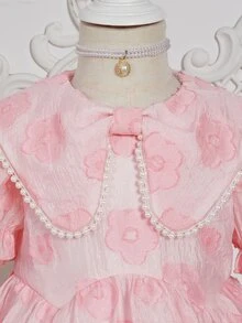 小女童提花彼得潘領泡泡袖連衣裙