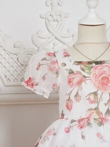 Toddler Girls Floral Print Puff Sleeve Ruffle Hem Dress - Multicolor - View 3