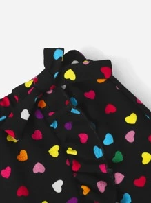 SHEIN 小女童愛心圖案荷葉邊圍裹側打結半身裙 - 黑色 - 查看 3
