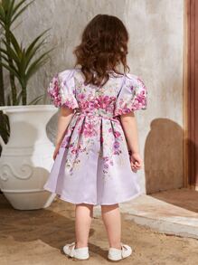 小女童印花泡泡袖洋裝 - 紫丁香色 - 查看 2