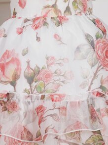 Toddler Girls Floral Print Puff Sleeve Ruffle Hem Dress - Multicolor - View 4