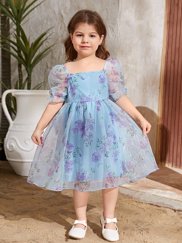 SHEIN Petite Fille Robe Imprimé Floral À Col Carré Manches Bouffantes