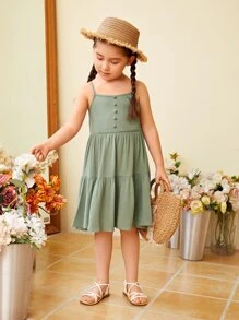 SHEIN Toddler Girls Button Detail Ruffle Hem Cami Dress - Army Green - View 1