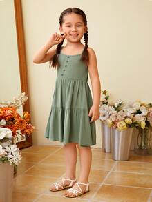 SHEIN Toddler Girls Button Detail Ruffle Hem Cami Dress - Army Green - View 3
