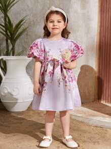 小女童印花泡泡袖洋裝 - 紫丁香色 - 查看 5
