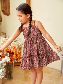 SHEIN 小女童1入組碎花褶邊吊帶洋裝 - 紅白色 - 查看 4