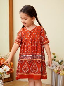 SHEIN Leap Crew Toddler Girls 1pc Floral Print Button Front Smock Dress - Burnt Orange - View 3