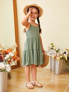 SHEIN Toddler Girls Button Detail Ruffle Hem Cami Dress - Army Green - View 4