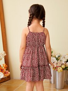 SHEIN 小女童1入組碎花褶邊吊帶洋裝 - 紅白色 - 查看 3