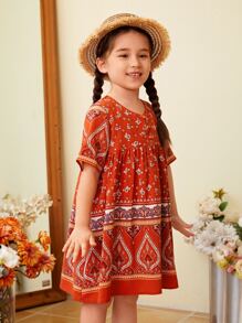 SHEIN Leap Crew Toddler Girls 1pc Floral Print Button Front Smock Dress - Burnt Orange - View 5