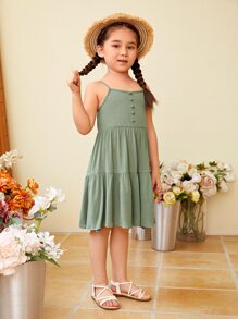 SHEIN Toddler Girls Button Detail Ruffle Hem Cami Dress - Army Green - View 5