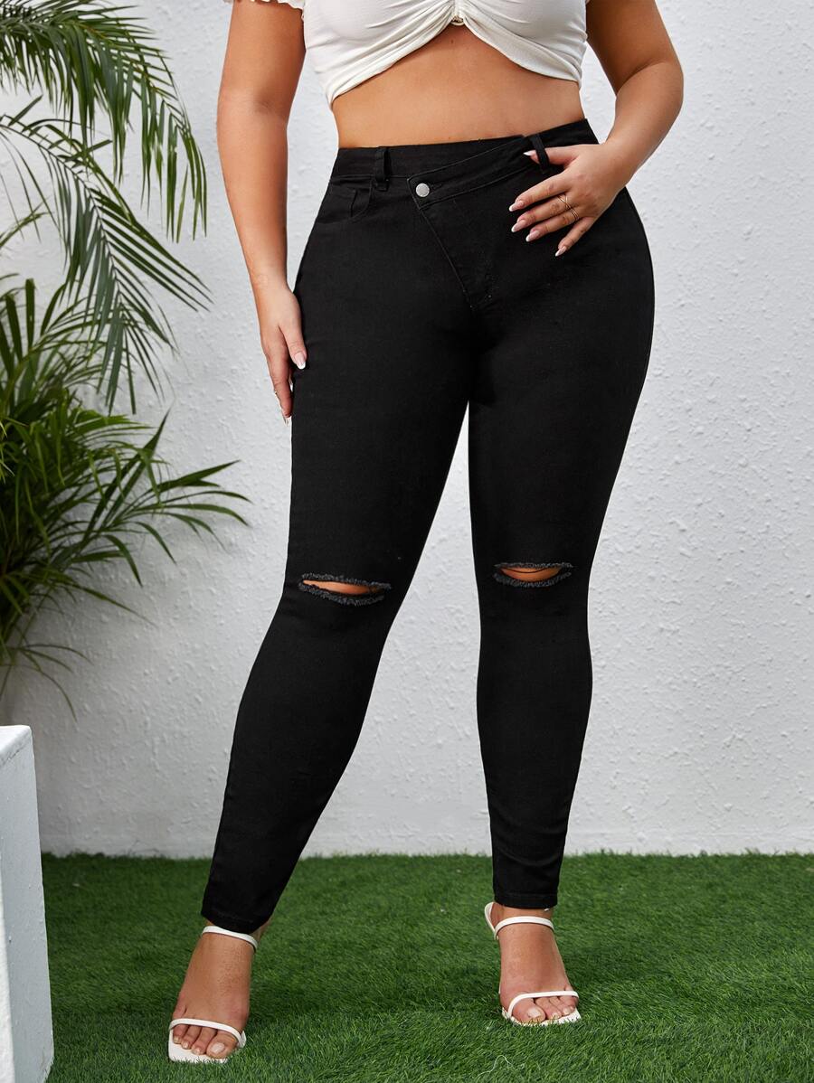 SHEIN Jeans ajustados desgarro - Negro - Ver 1