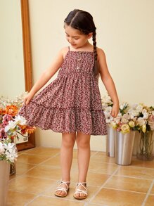 SHEIN 小女童1入組碎花褶邊吊帶洋裝 - 紅白色 - 查看 7