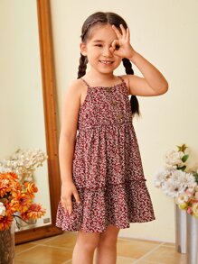 SHEIN 小女童1入組碎花褶邊吊帶洋裝 - 紅白色 - 查看 1