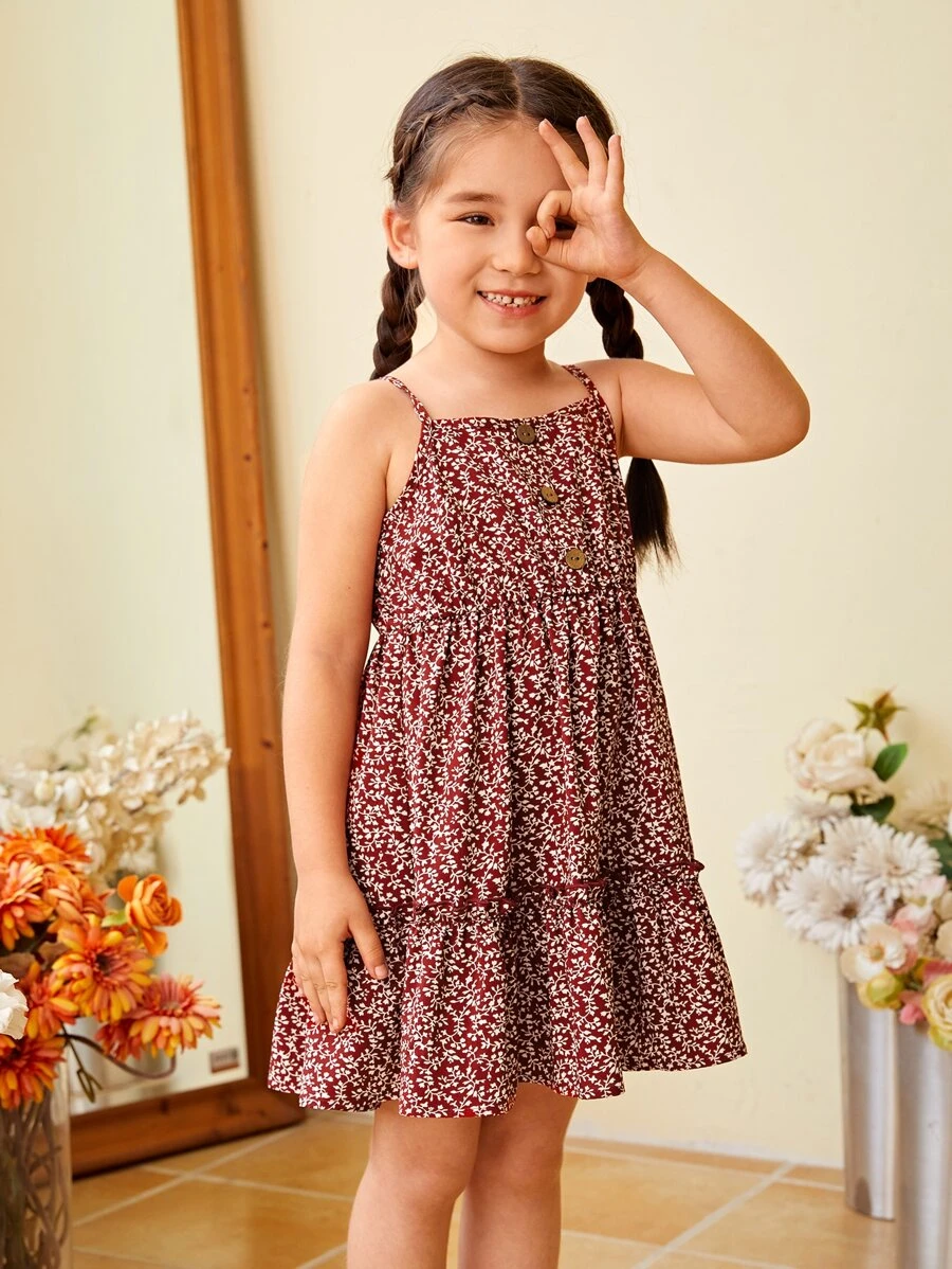 SHEIN 小女童1入組碎花褶邊吊帶洋裝 - 紅白色 - 查看 1