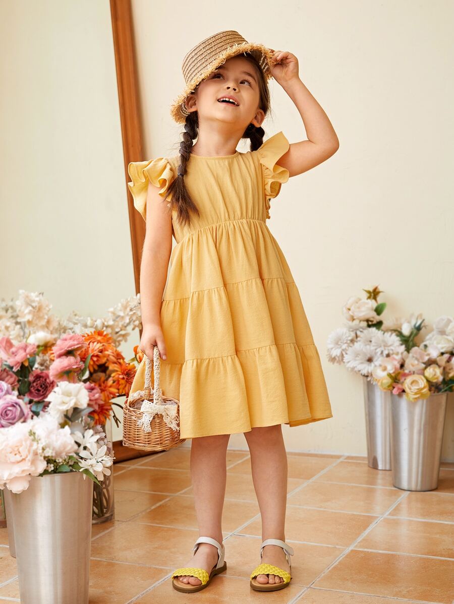 SHEIN Toddler Girls 1pc Ruffle Trim Ruffle Hem Dress - Yellow - View 1