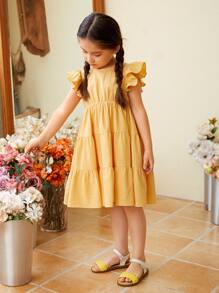 SHEIN Toddler Girls 1pc Ruffle Trim Ruffle Hem Dress - Yellow - View 4