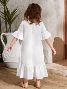 SHEIN Leap Crew Young Girl Floral Print Flounce Sleeve Ruffle Hem Dress - White - View 2