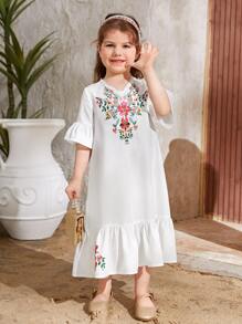SHEIN Leap Crew Young Girl Floral Print Flounce Sleeve Ruffle Hem Dress - White - View 4