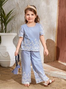 SHEIN 小女童印花上衣和褲子 - 藍白色 - 查看 4